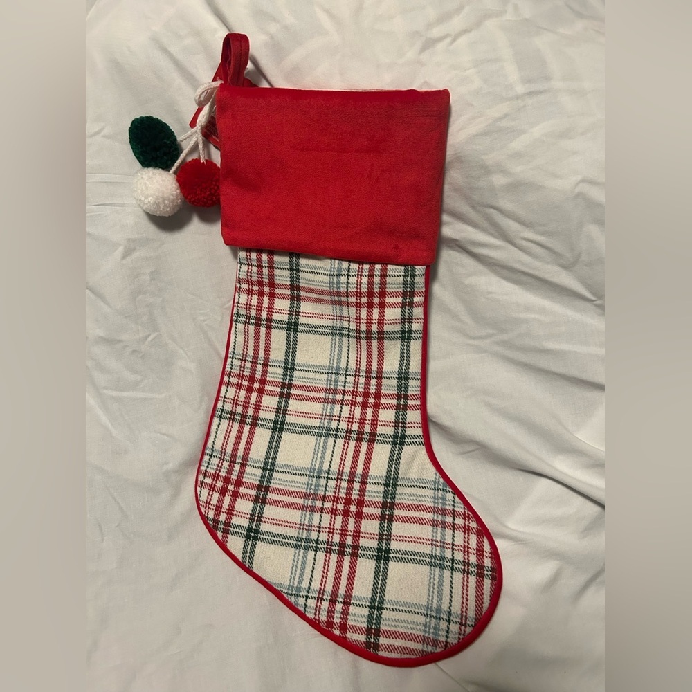 Christmas stocking red green‎ plaid with red velvet cuff (Can be customized)
